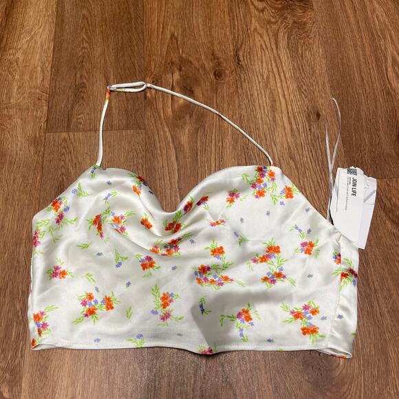Zara Blogger Favorite Satin Effect Floral Drape Neck Halter Crop Top Size Small - Picture 1 of 6